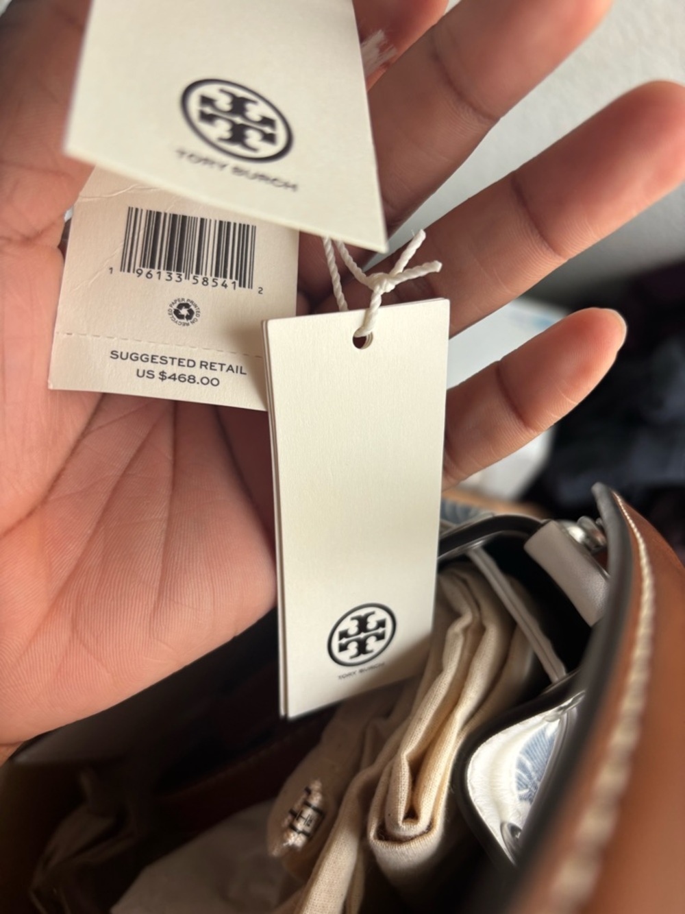 Tory Burch Blue and White Logo Drawstring Mini Bucket Bag - Picture 4 of 6